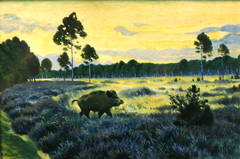 Schwarzwild in der Heide. Gemälde von Reinhold Feussner (1886-1971)